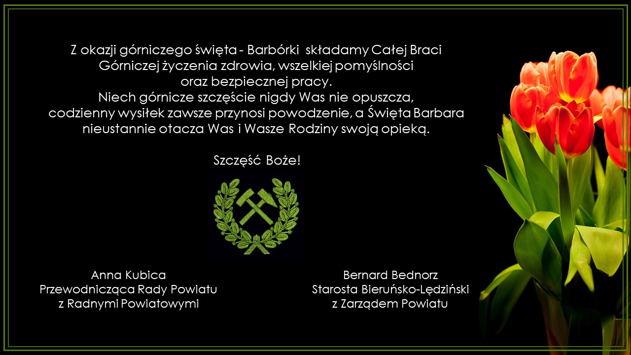 Na czarnym tle z lewej strony życzenia barbórkowe z prawej czerwone tulipany